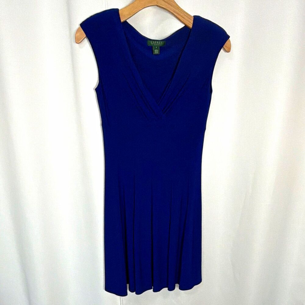 Lauren Ralph Lauren Fit & Flare Dress Blue V-Neck Knee Sleeveless Jersey 8